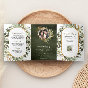 Invitación Tríptica Bodas de código QR de foto de hojas de oro verde o