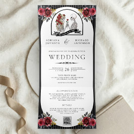 Invitación Tríptica Bodas de Código QR de Pareja Esquelética Gótica co