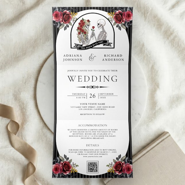 Invitación Tríptica Bodas de Código QR de Pareja Esquelética Gótica co (Subido por el creador)