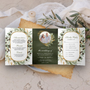 Invitación Tríptica Bodas de Foto Hojas de Oro Verde Oliva Rústico