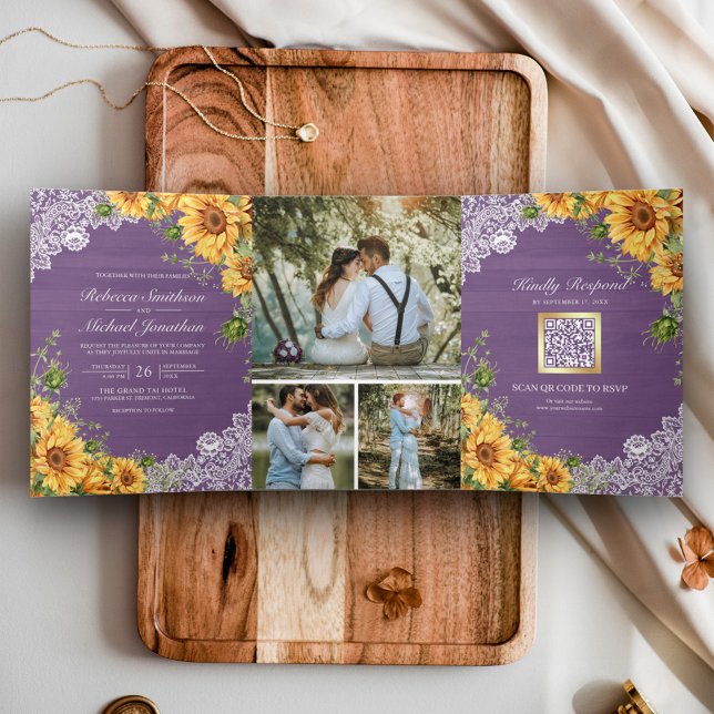 Invitación Tríptica Bodas de Girasoles Rústicos con Madera y Código QR (Subido por el creador)