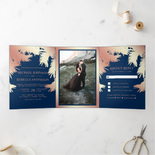 Invitación Tríptica Bodas de hojas de palma de lámina de oro rosa fals