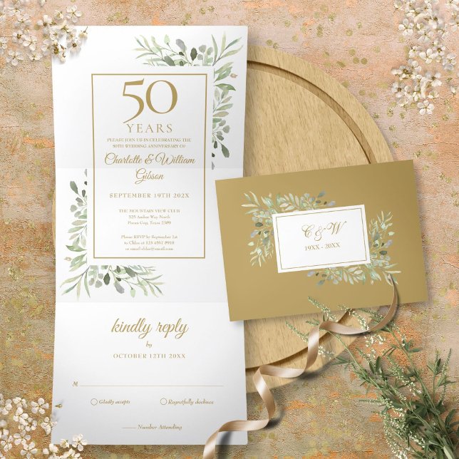 Invitación Tríptica Bodas de Oro Aniversario 50 Floral Verdes (50th Golden Anniversary Wedding Greenery Floral Tri-Fold Invitation)