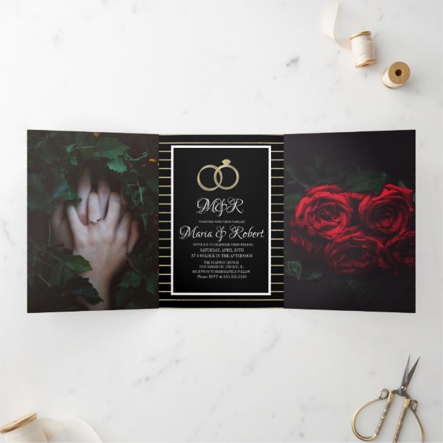 Invitación Tríptica Bodas de papel de aluminio con rayas negras elegan (Interior)
