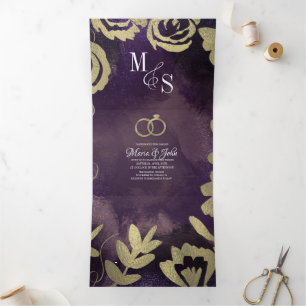 Invitación Tríptica Bodas de Rosas Doradas Abstractas Violeta Negro Gl