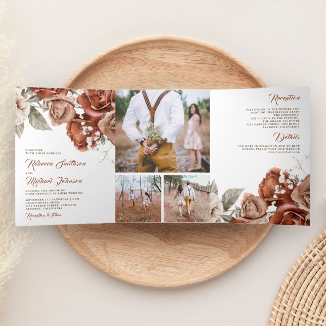 Invitación Tríptica Bodas de rosas naranjas quemadas rústicas en colla (Subido por el creador)
