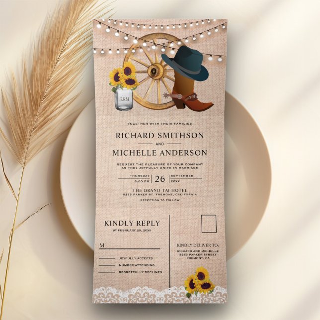 Invitación Tríptica Bodas de vaquero al estilo occidental con girasole (Subido por el creador)