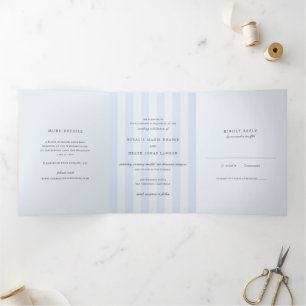 Invitación Tríptica Bodas Elegantes de Rayas Azules Modernas