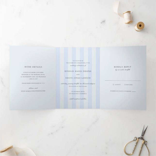 Invitación Tríptica Bodas Elegantes de Rayas Azules Modernas (Interior)