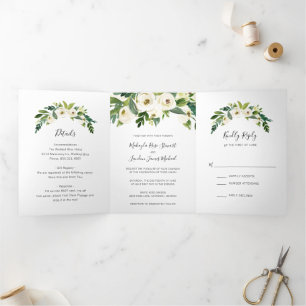Invitación Tríptica Bodas Elegantes de Rosas de Acuarela Blanca y Verd