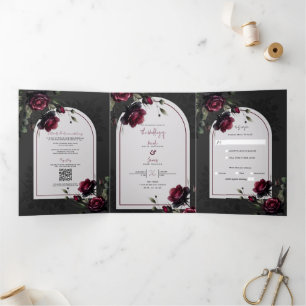 Invitación Tríptica Bodas Florales de Rosa Roja Bordeaux Sombra Gris