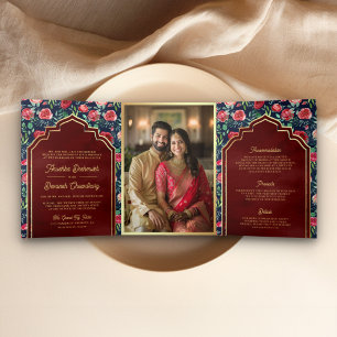 Invitación Tríptica Bodas Indias de Rosas Rojas Azul Marino Floral Oro