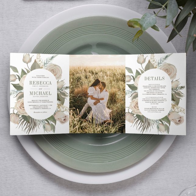 Invitación Tríptica Bodas Rústicas Boho Rosas Marfil Hojas Verde Salvi (Subido por el creador)
