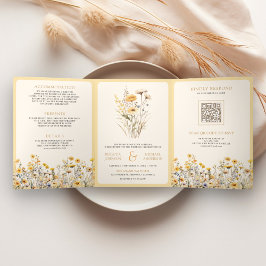 Invitación Tríptica Boho amarillo Flor silvestre Foto Boda de código Q