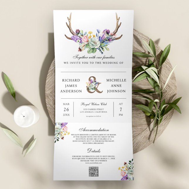 Invitación Tríptica Boho Antlers Flor silvestre Floral QR Code Boda (Subido por el creador)
