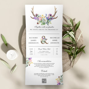 Invitación Tríptica Boho Antlers Flor silvestre Floral QR Code Boda