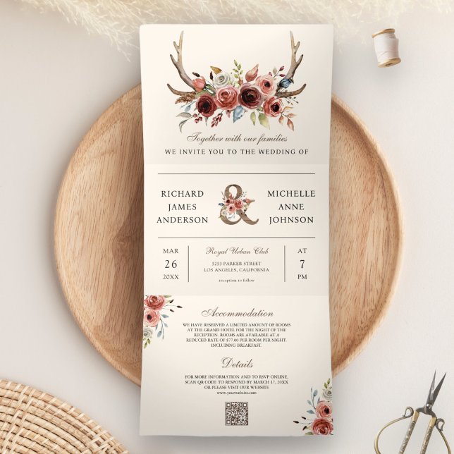 Invitación Tríptica Boho Antlers Terracotta Floral QR Code Boda (Subido por el creador)