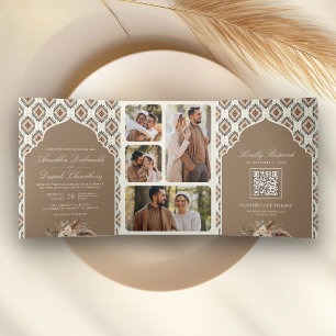 Invitación Tríptica Boho Beige Ivory Ikat Collage de fotos Boda indio