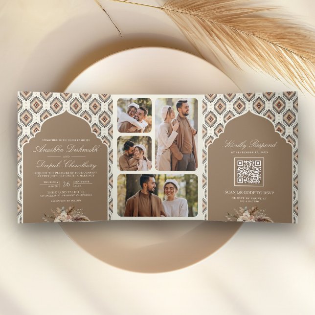 Invitación Tríptica Boho Beige Ivory Ikat Collage de fotos Boda indio (Subido por el creador)