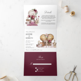 Invitación Tríptica Boho Boda Burgundy Pink Floral Vintage Elements
