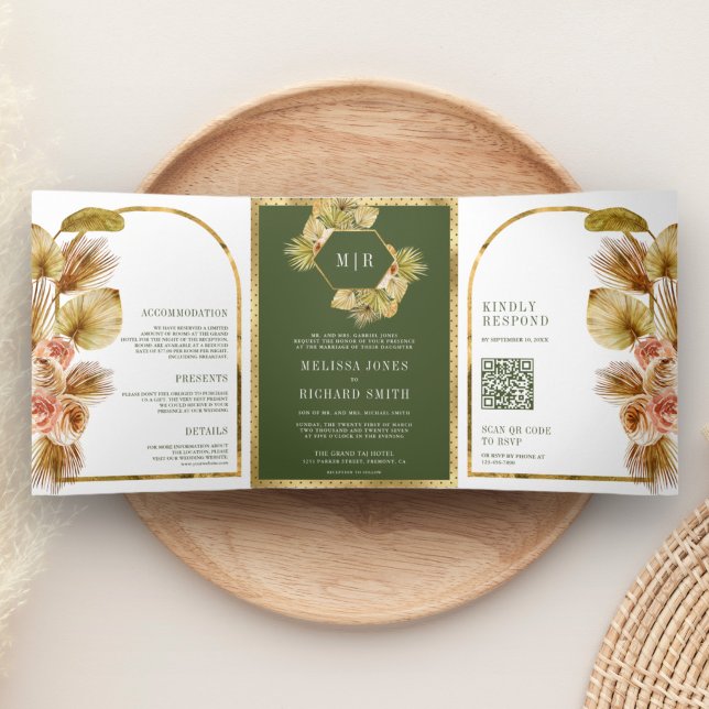 Invitación Tríptica Boho Earthy Floral Olive Green QR Code Boda (Subido por el creador)