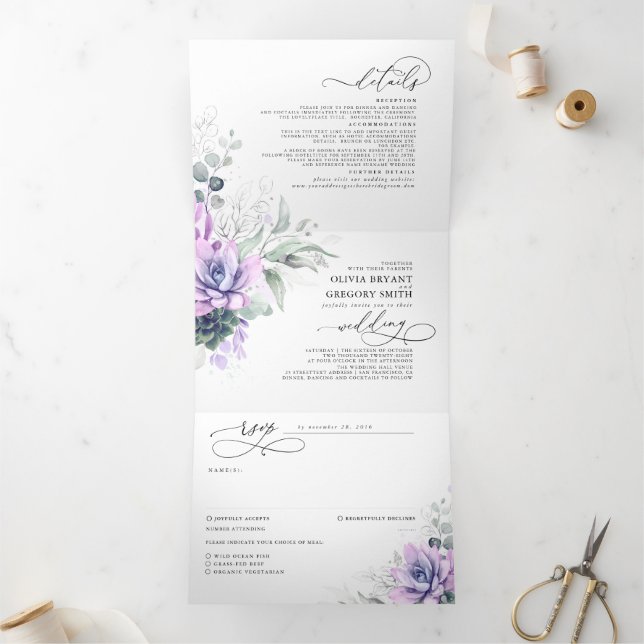 Invitación Tríptica Boho Elegant Purple Suculent Greeneration Boda (Interior)