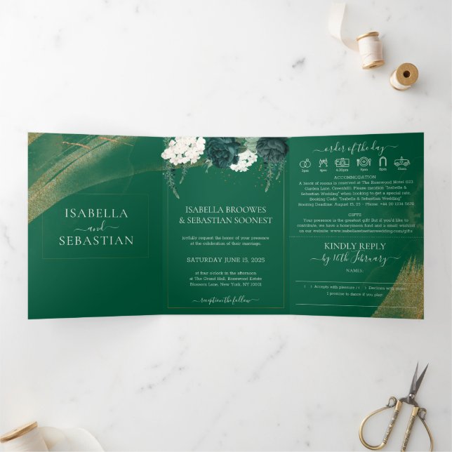 Invitación Tríptica Boho Emerald Rose Complete Wedding Tri-Fold Invita (Interior)