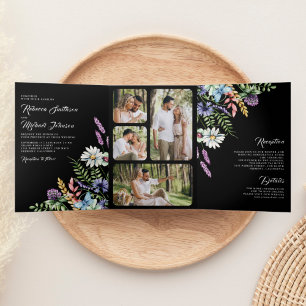 Invitación Tríptica Boho Foto de Flor Silvestre Todo en Uno Boda Negra