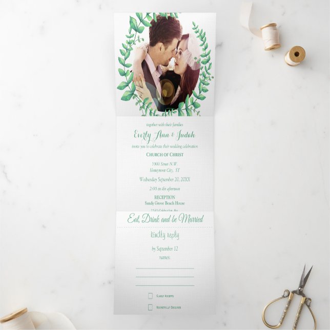 Invitación Tríptica Boho Green Leaf Mint Green Ash Wreath Boda (Interior)