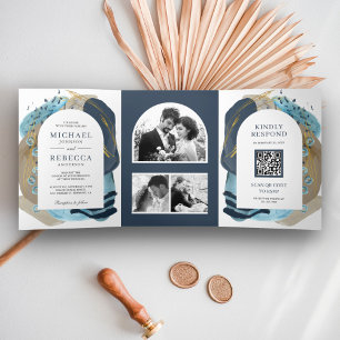 Invitación Tríptica Boho Gris Azul Marino Pinceladas Código QR Boda