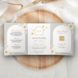 Invitación Tríptica Boho Gris Retro Amarillo Daisy Todo en Uno Boda