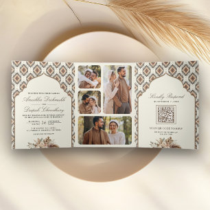 Invitación Tríptica Boho Marfil Beige Ikat Collage de Fotos Boda India