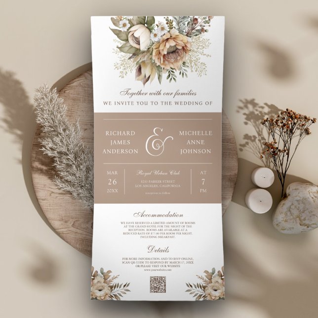 Invitación Tríptica Boho Neutral Earthy Floral Taupe QR Boda de código (Subido por el creador)