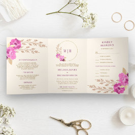 Invitación Tríptica Boho Orquídea Rosa En Un Boda De Marfil