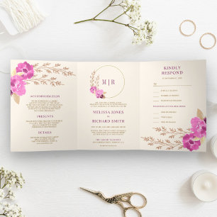 Invitación Tríptica Boho Orquídea Rosa En Un Boda De Marfil