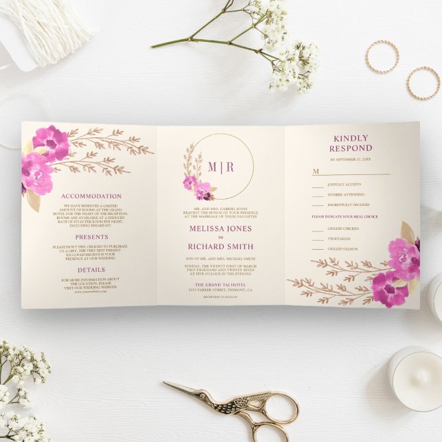 Invitación Tríptica Boho Orquídea Rosa En Un Boda De Marfil (Subido por el creador)