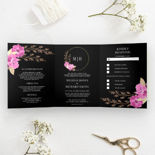Invitación Tríptica Boho Orquídea Rosa En Un Boda Negro
