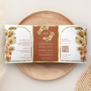 Invitación Tríptica Boho Palm Earthy Floral Terracotta QR Código Boda