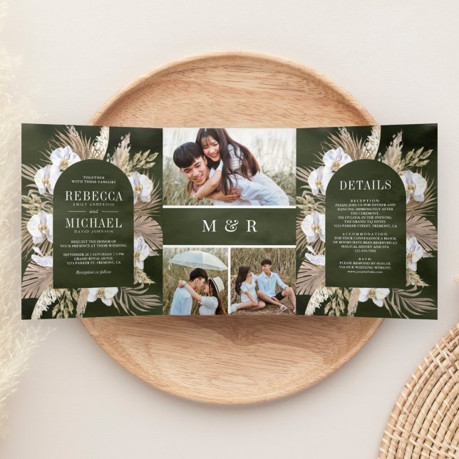 Invitación Tríptica Boho Pampas Boda de la Paleta Seca Seca Orquídea B (Subido por el creador)