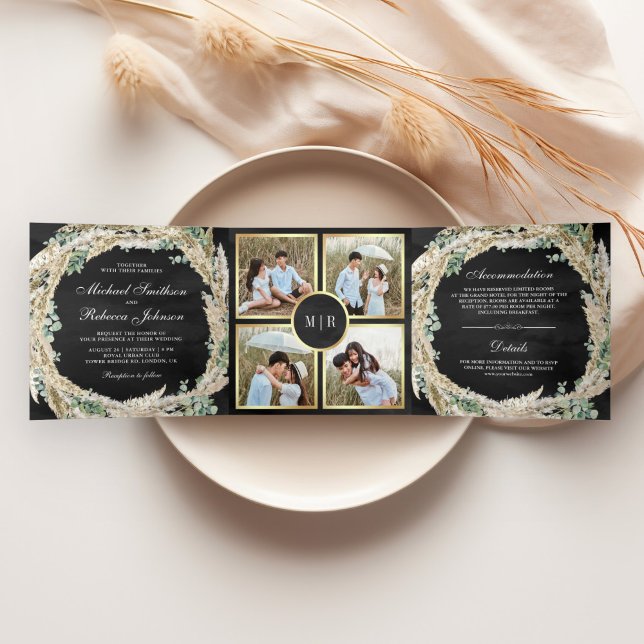 Invitación Tríptica Boho Pampas Eucalyptus Wreath Black Boda (Subido por el creador)