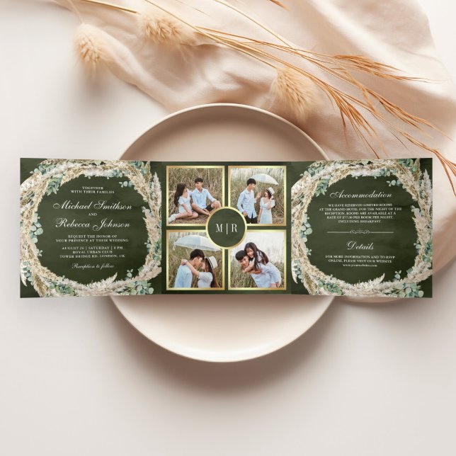 Invitación Tríptica Boho Pampas Eucalyptus Wreath Sage Green Boda (Subido por el creador)