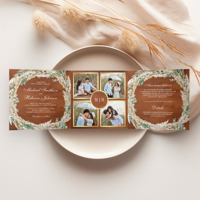 Invitación Tríptica Boho Pampas Eucalyptus Wreath Terracotta Boda (Subido por el creador)