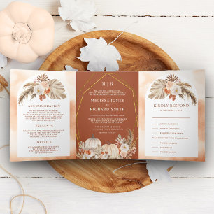 Invitación Tríptica Boho Pampas Floral de Calabaza de Terracota Boda d
