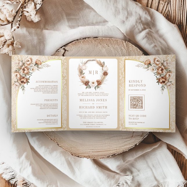 Invitación Tríptica Boho Pampas Neutral Beige Earthy Floral Boda (Subido por el creador)
