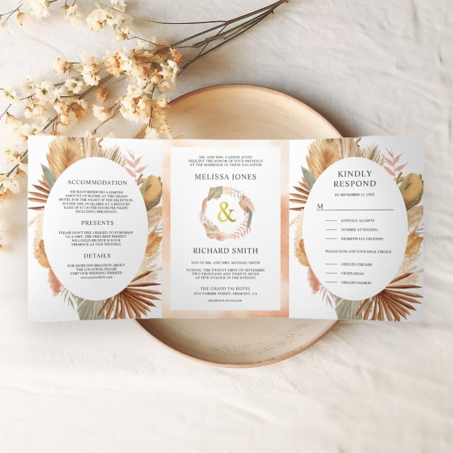 Invitación Tríptica Boho Pampas Palma Seca Todo en Uno Boda (Subido por el creador)