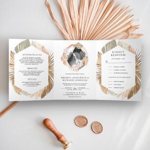 Invitación Tríptica Boho Pampas Wreath Dried Palm 3 en 1 Boda