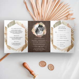 Invitación Tríptica Boho Pampas Wreath Dried Palm Wood 3 en 1 Boda