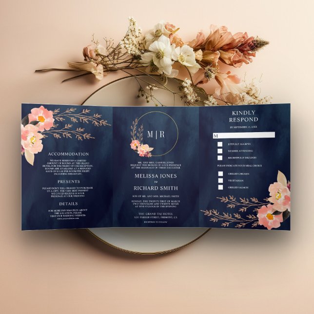 Invitación Tríptica Boho Peach Floral All In One Nave Blue Boda (Subido por el creador)