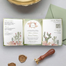 Invitación Tríptica Boho rosa Floral Pampas Cactus Boda de código QR