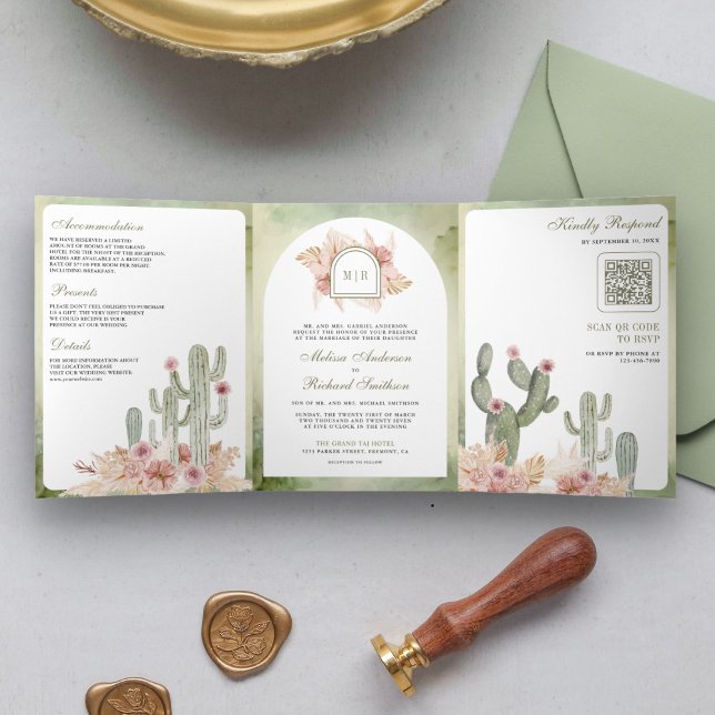 Invitación Tríptica Boho rosa Floral Pampas Cactus Boda de código QR (Subido por el creador)